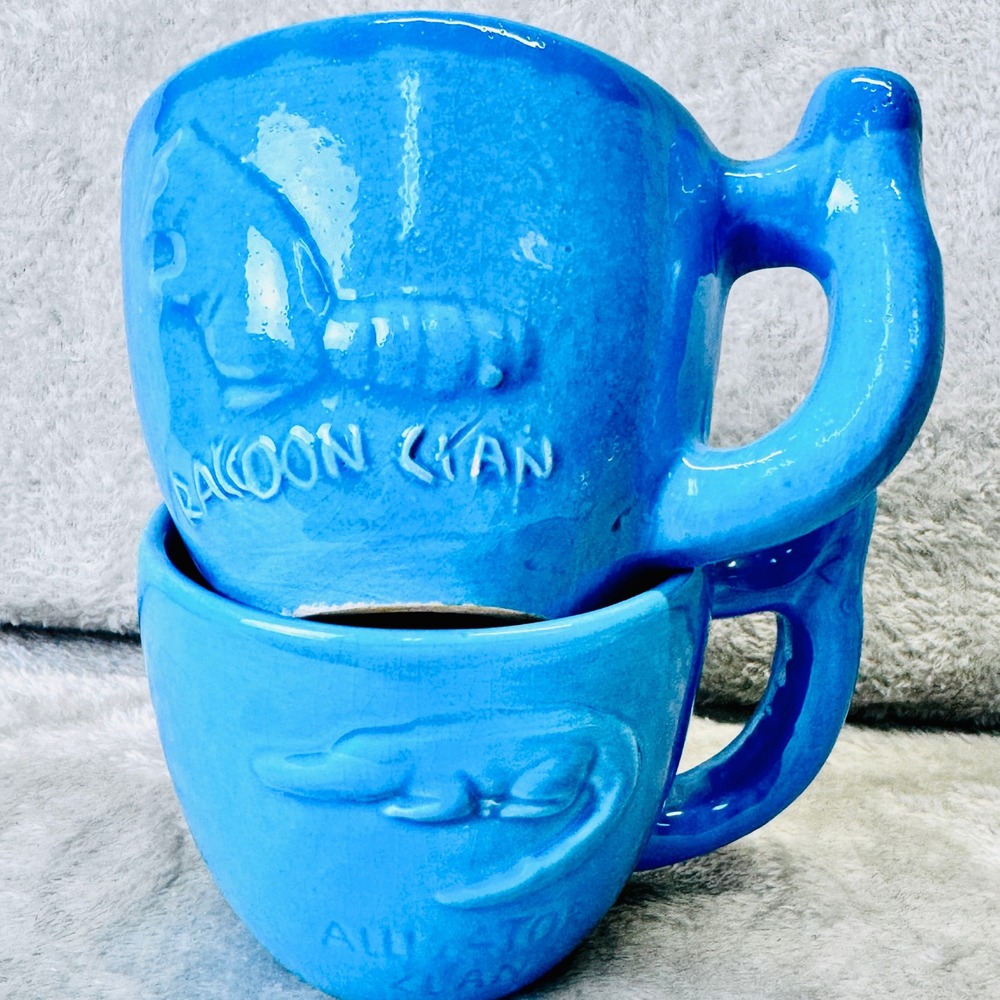 Raccoon Clan Blue Stoneware Coffee Mugs Set of 2 Embossed Wildlife‎ Design